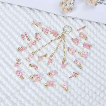 MICROAMOY 18K Gold Filled A-Z Alphabet Letters Charms,26Pcs A-Z Enamel Initial Charms Pendants,Bracelet Necklace Earrings Charms for DIY Jewelry Making (Pink)