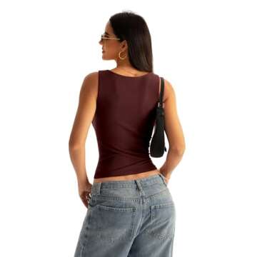 Eachyes Womens Boat Neck Seamless Tank Tops Sleeveless Double Layering Shirts Basic Going Out Tops Summer Outfits Wine Red Small