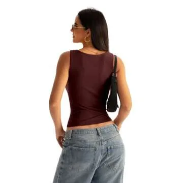 Eachyes Womens Boat Neck Seamless Tank Tops Sleeveless Double Layering Shirts Basic Going Out Tops Summer Outfits Wine Red Small