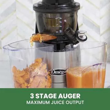 Omega MegaMouth Vertical Low Speed Quiet Juicer with Smart Cap Spout Tap, 240-Watt, Silver