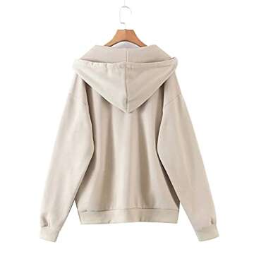 Meladyan Women's Oversized Solid Zip Up Drawstring Long Sleeve Fleece Vintage Pockets 90s Coat Hooded SweatShirt, Apricot, Medium