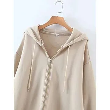 Meladyan Women's Oversized Solid Zip Up Drawstring Long Sleeve Fleece Vintage Pockets 90s Coat Hooded SweatShirt, Apricot, Medium