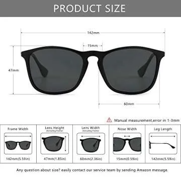 SUNGAIT Classic Square Frame Sunglasses Retro Style for Men Women (Black Frame (Matte Finish)/Polarized Grey Lens, 54) Composite Frame 1509PGHEKHU