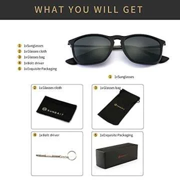 SUNGAIT Classic Square Frame Sunglasses Retro Style for Men Women (Black Frame (Matte Finish)/Polarized Grey Lens, 54) Composite Frame 1509PGHEKHU