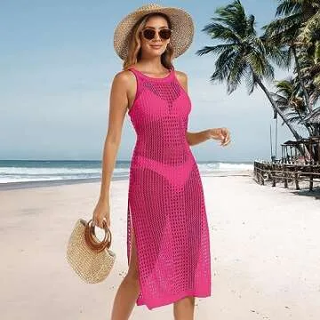 Adisputent Crochet Swimsuit Cover Up for Women Knit Sleeveless Swim Coverup Long Bathing Suit Bikini Hollow Out Side Split Beach Dress (Rose Red,Large)