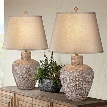 Franklin Iron Works Bentley Rustic Farmhouse Table Lamps 29" Tall Set of 2 Brown Leaf Hammered Metal...