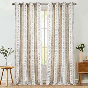 jinchan Boho Curtains Linen Blend Curtains for Living Room Black on Beige Farmhouse Curtains 120 Inc...