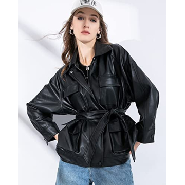 LY VAREY LIN Women Faux Leather Belted Blazer Stylish Coat