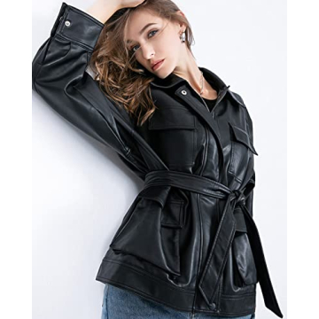 LY VAREY LIN Women Faux Leather Belted Blazer Stylish Coat