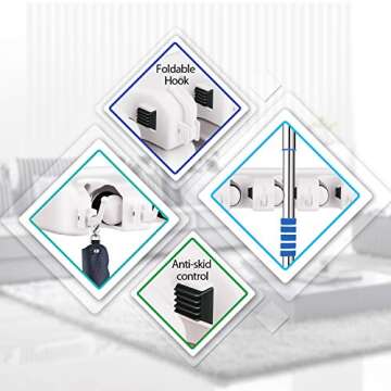 LETMY Broom Holder Wall Mount - Mop and Broom Hanger Holder - Garage Storage Rack & Garden Tool Organizer - 5 Position 6 Hooks Broom Rack for Home, kitchen, Garden, Tools, Garage Organization - White