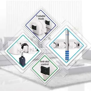 LETMY Broom Holder Wall Mount - Mop and Broom Hanger Holder - Garage Storage Rack & Garden Tool Organizer - 5 Position 6 Hooks Broom Rack for Home, kitchen, Garden, Tools, Garage Organization - White