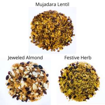 Jamie Geller Trio of Pilaf Mixes - Mujadara Lentil, Festive Herb and Jeweled Almond | Total of 6 Bags - 5 oz bag (142g), 2 Pack of each Flavor | OU KOSHER PAREVE | Seasonings for Rice and other Grains