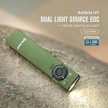 OLIGHT Arkfeld UV Rechargeable EDC Flashlight, 1000 Lumens White LED and 365nm Blacklight Combo for ...