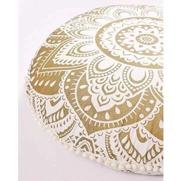 Popular Handicrafts Floor Pillow Cushion Cover - Hippie Mandala Cushion Cover Large with Pom Poms Soft Particles - Pouf Cover Round Bohemian Yoga Decor, 32" Gold
