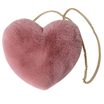 QZUnique Heart Shaped Handbag Women's Faux Fur Crossbody Bag Plush Wallet Purse Chain Shoulder Bag
