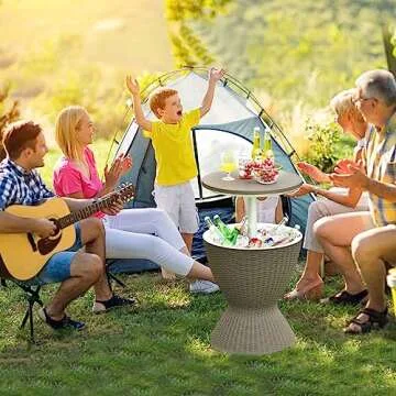 Tangkula Outdoor Cool Bar Table, Rattan Style Patio 8 Gallon Beer and Wine Cooler, All-Weather Ice Bucket w/Height Adjustable Top, Drainage Plug, 3-in-1 Cocktail Coffee Table for Party, Pool (Coffee)