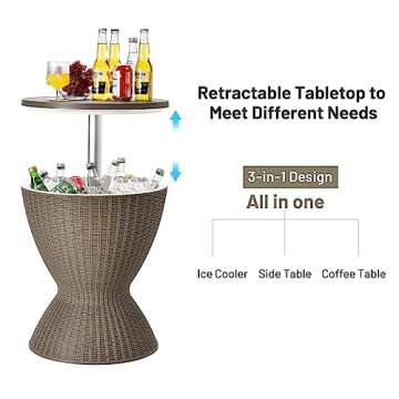 Tangkula Outdoor Cool Bar Table, Rattan Style Patio 8 Gallon Beer and Wine Cooler, All-Weather Ice Bucket w/Height Adjustable Top, Drainage Plug, 3-in-1 Cocktail Coffee Table for Party, Pool (Coffee)