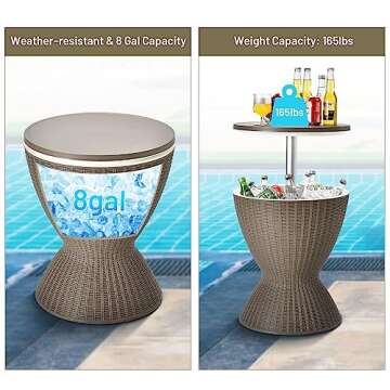 Tangkula Outdoor Cool Bar Table, Rattan Style Patio 8 Gallon Beer and Wine Cooler, All-Weather Ice Bucket w/Height Adjustable Top, Drainage Plug, 3-in-1 Cocktail Coffee Table for Party, Pool (Coffee)