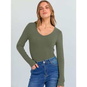 Stylish ANRABESS Women’s Long Sleeve V Neck Knit Ribbed Shirt for Casual Wear 2025