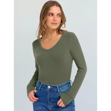 ANRABESS V Neck Ribbed Knit Women's Shirt for Fall