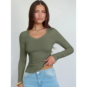 ANRABESS V Neck Ribbed Knit Women's Shirt for Fall