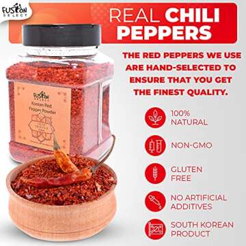 Fusion Select Korean Premium Non-GMO Gluten Free Red Chili Pepper Flakes Powder, Crushed Red Pepper Premium Gochugaru For Kimchi Seasoning, Chicken, Pork, Fish, Vegetables Hot Pepper Flakes (6 Oz Jar)