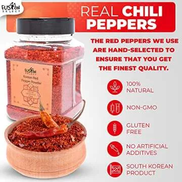 Fusion Select Korean Premium Non-GMO Gluten Free Red Chili Pepper Flakes Powder, Crushed Red Pepper Premium Gochugaru For Kimchi Seasoning, Chicken, Pork, Fish, Vegetables Hot Pepper Flakes (6 Oz Jar)