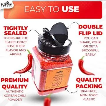 Fusion Select Korean Premium Non-GMO Gluten Free Red Chili Pepper Flakes Powder, Crushed Red Pepper Premium Gochugaru For Kimchi Seasoning, Chicken, Pork, Fish, Vegetables Hot Pepper Flakes (6 Oz Jar)
