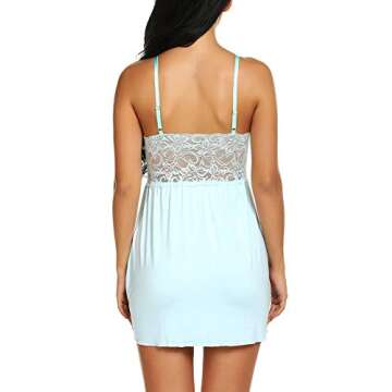 Ababoon Women Lace Modal Sleepwear Chemises V-neck Full Slip Babydoll Nightgown Light Blue