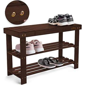 Bamboo 3 Tier Shoe Rack Bench, Premium Shoe Organizer or Entryway Bench, Perfect for Shoe Cubby, Entry Bench, Bathroom Bench, Entryway Organizer, Hallway or Living Room