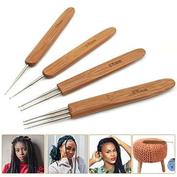 4pc Dreadlock Crochet Needle Hook for Hair Tool 0.75 0.5mm Crochet Hooks Needle for Hair Dreadlocks Bamboo Handle Weaving Needles Steel Crochet Hook for Crocheting Hair UPerfe Lock for Braid Craft