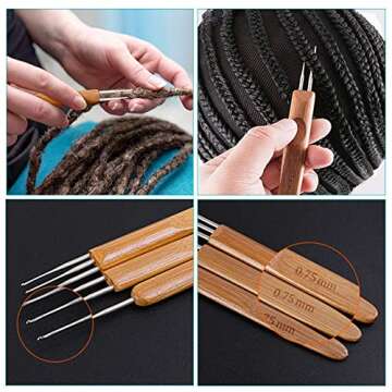 4pc Dreadlock Crochet Needle Hook for Hair Tool 0.75 0.5mm Crochet Hooks Needle for Hair Dreadlocks Bamboo Handle Weaving Needles Steel Crochet Hook for Crocheting Hair UPerfe Lock for Braid Craft