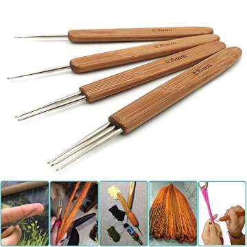 4pc Dreadlock Crochet Needle Hook for Hair Tool 0.75 0.5mm Crochet Hooks Needle for Hair Dreadlocks Bamboo Handle Weaving Needles Steel Crochet Hook for Crocheting Hair UPerfe Lock for Braid Craft