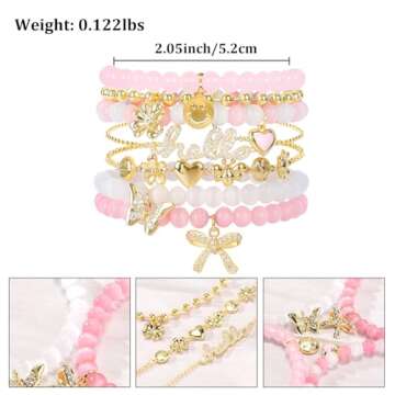 Pink Beaded Bracelet for Women 7Pcs Stackable Opal Stone Stretch Bracelets Sweet Multilayered Gold C...