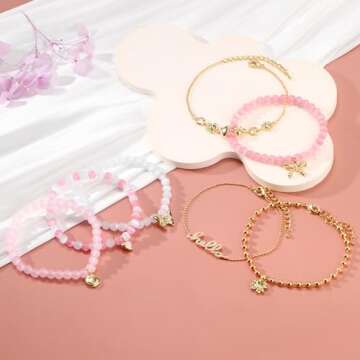 Pink Beaded Bracelet for Women 7Pcs Stackable Opal Stone Stretch Bracelets Sweet Multilayered Gold Charm Bracelets Set Love Heart Flower Clover CZ Butterfly Bow Hello Charm Jewelry Gift for Women
