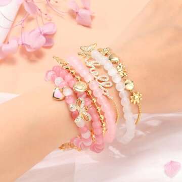 Pink Beaded Bracelet for Women 7Pcs Stackable Opal Stone Stretch Bracelets Sweet Multilayered Gold Charm Bracelets Set Love Heart Flower Clover CZ Butterfly Bow Hello Charm Jewelry Gift for Women