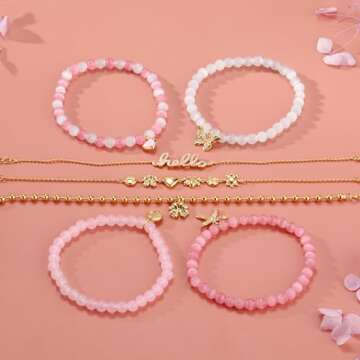 Pink Beaded Bracelet for Women 7Pcs Stackable Opal Stone Stretch Bracelets Sweet Multilayered Gold Charm Bracelets Set Love Heart Flower Clover CZ Butterfly Bow Hello Charm Jewelry Gift for Women