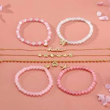 Pink Beaded Bracelet for Women 7Pcs Stackable Opal Stone Stretch Bracelets Sweet Multilayered Gold Charm Bracelets Set Love Heart Flower Clover CZ Butterfly Bow Hello Charm Jewelry Gift for Women