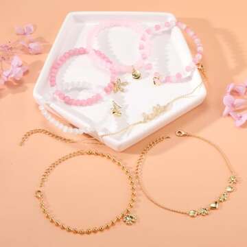 Pink Beaded Bracelet for Women 7Pcs Stackable Opal Stone Stretch Bracelets Sweet Multilayered Gold Charm Bracelets Set Love Heart Flower Clover CZ Butterfly Bow Hello Charm Jewelry Gift for Women