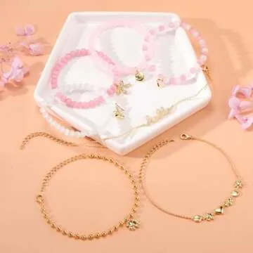 Pink Beaded Bracelet for Women 7Pcs Stackable Opal Stone Stretch Bracelets Sweet Multilayered Gold Charm Bracelets Set Love Heart Flower Clover CZ Butterfly Bow Hello Charm Jewelry Gift for Women