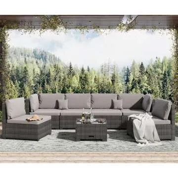 LHBcraft 7 Piece Patio Furniture Set, Outdoor Furniture Patio Sectional Sofa, All Weather PE Rattan Outdoor Sectional with Cushion and Coffee Table.