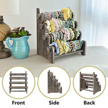 Ikee Design Antique Wooden 4 Tier Jewelry Bracelet Display Stand Bangle Scrunchie Organizer Holder for Store, Showcase and Home Storage, 12 W x 9 D x 14 H in, Coffee Color