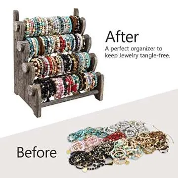 Ikee Design Antique Wooden 4 Tier Jewelry Bracelet Display Stand Bangle Scrunchie Organizer Holder for Store, Showcase and Home Storage, 12 W x 9 D x 14 H in, Coffee Color