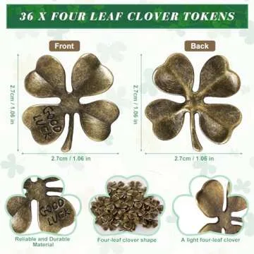 Ferreve St. Patrick's Day Tokens Set 36 Four Leaf Clover Tokens Travel Tokens Good Luck Coins Pocket Tokens 36 Blessing Poem Cards White Organza Bags Lucky Coins Irish Gifts for Family Friend (Bronze)