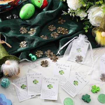 Ferreve St. Patrick's Day Tokens Set 36 Four Leaf Clover Tokens Travel Tokens Good Luck Coins Pocket Tokens 36 Blessing Poem Cards White Organza Bags Lucky Coins Irish Gifts for Family Friend (Bronze)