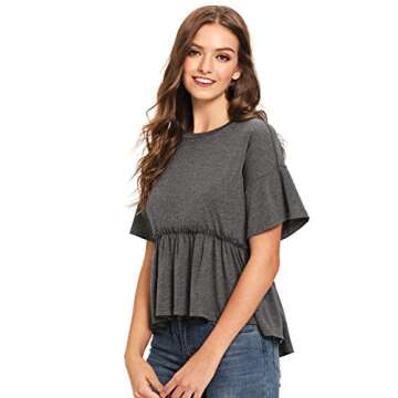 Romwe Women's Loose Ruffle Hem Short Sleeve High Low Peplum Blouse Top Dark Grey M