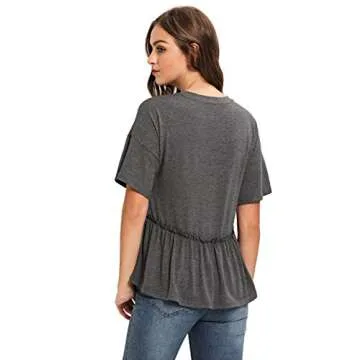 Romwe Women's Ruffle Hem Short Sleeve Peplum Top Dark Grey