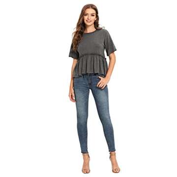 Romwe Women's Loose Ruffle Hem Short Sleeve High Low Peplum Blouse Top Dark Grey M