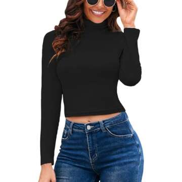 Herou Crop Tops for Women Turtleneck Long Sleeve Slim Fitted Tops Black Small