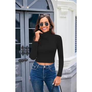 Herou Crop Tops for Women Turtleneck Long Sleeve Slim Fitted Tops Black Small